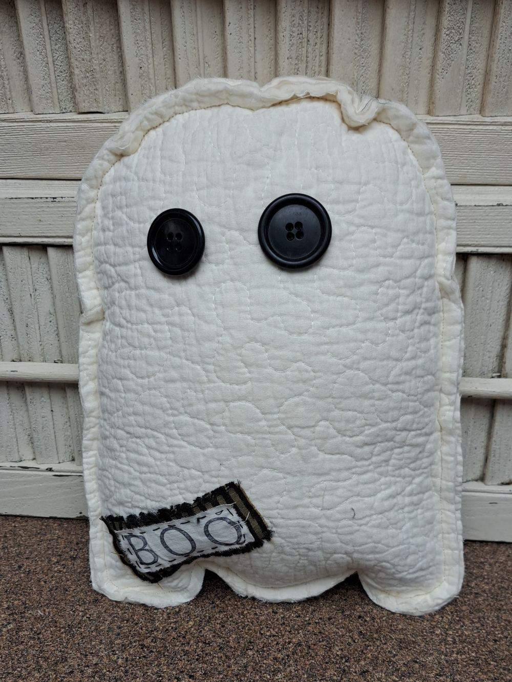 Handmade White Quilted Ghost Pillow with Black Button Eyes